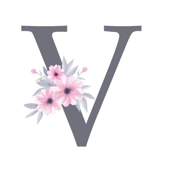 İngiliz alfabesi. Suluboya çiçek desenli V harfli monogram. Pembe çiçekler, gri yapraklar. Beyaz arka planda izole edilmiş. El resmi çizimi. Tasarım, tebrik kartları ve diğer yazı tipleri. — Stok fotoğraf