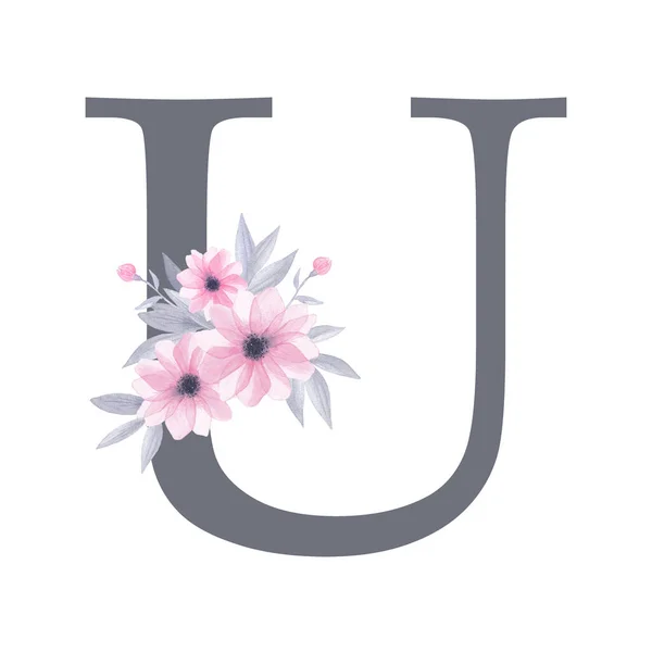 Engelskt alfabet. Brev U. Monogram med akvarell blommönster - rosa blommor, grå blad. Isolerad på vit bakgrund. Handmålning illustration. Typsnitt för design, gratulationskort och andra. — Stockfoto