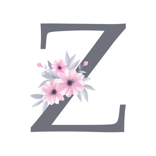 Alfabeto inglês. Carta Z. Monograma com design floral aquarela flores rosa, folhas cinzentas. Isolado em fundo branco. Ilustração de pintura à mão. Fonte para design, cartões de felicitações e outros . — Fotografia de Stock