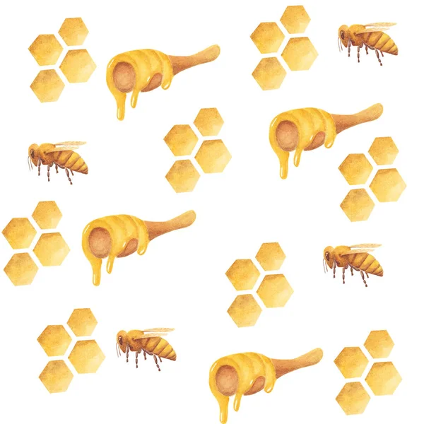 Υδατογραφία αδιάλειπτη μοτίβο με μέλισσες, μελίσσια και κουτάλι του μελιού σε λευκό φόντο. Χέρι ζωγραφισμένο. Εικονογράφηση για το σχεδιασμό, εκτύπωση, ύφασμα, προσκλήσεις, κάρτες, τέχνη τοίχου και άλλα. — Φωτογραφία Αρχείου