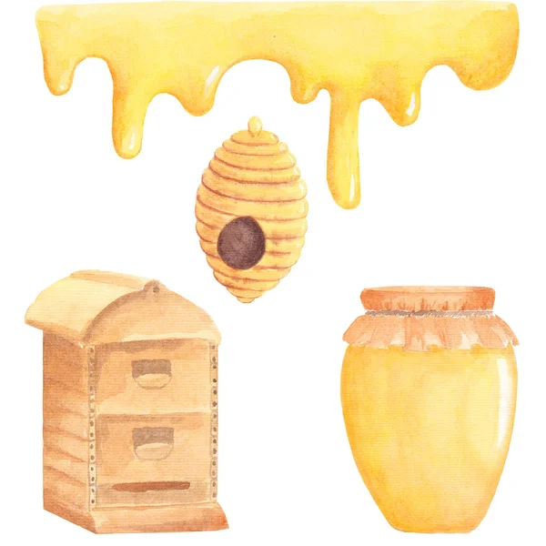 水彩の蜂と繭の昆虫、瓶と蜂蜜をドロップします。白い背景に隔離されている。手描き。夏の有機自然環境イラスト。デザイン、招待状、グリーティングカードのグラフィック図面. — ストック写真
