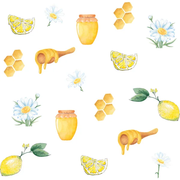 Aquarelle motif sans couture avec marguerite, pot, cuillère de miel, citron, nid d'abeille sur fond blanc. Peint à la main. Illustration florale pour le design, l'impression, le tissu, les invitations, les cartes, l'art mural et autres . — Photo