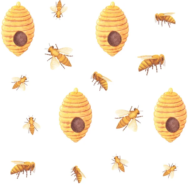 Akvarell zökkenőmentes minta. Mézes méhek, méhkas gubó fehér háttérrel. Kézzel festett. Illusztráció a tervezés, nyomtatás, szövet, meghívók, kártyák, fali művészet és egyéb. — Stock Fotó
