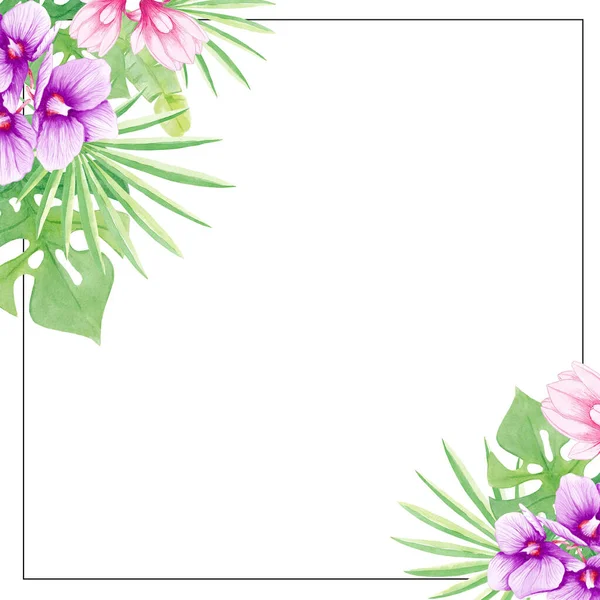 Watercolor tropical frame: Orchids, Magnolia, Leaves Palms, Monstera. Exotic forest greenery herbs, flowers. Hand painting. Elegant design. Perfectly for printing on invitations, cards, menu, other.