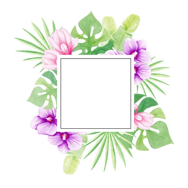 Watercolor frame: Orchids, Magnolia, Leaves Palms, Monstera. Exotic forest greenery herbs, flowers. Hand painting. Elegant tropical design. Perfectly for printing on invitations, cards, menu, other.