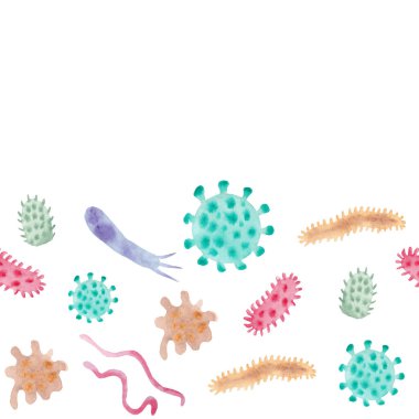Suluboya, virüslerin yatay deseni, sınır. Beyaz arka planda izole edilmiş. Mikroskobik koronavirüs, ebola, kuduz ve diğerleri. Sağlık ve mikrobiyoloji konsepti. El çizimi.