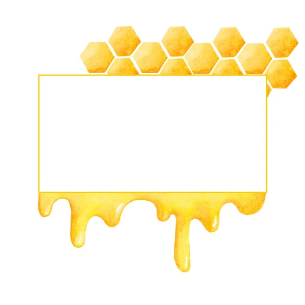 Akvarell horisontell gul ram med droppar honung, honungskakor. Vit bakgrund. Handmålning. Perfekt för utskrift av design på inbjudningar, kort, livsmedelsförpackningar, menydekoration, produktdesign. — Stockfoto