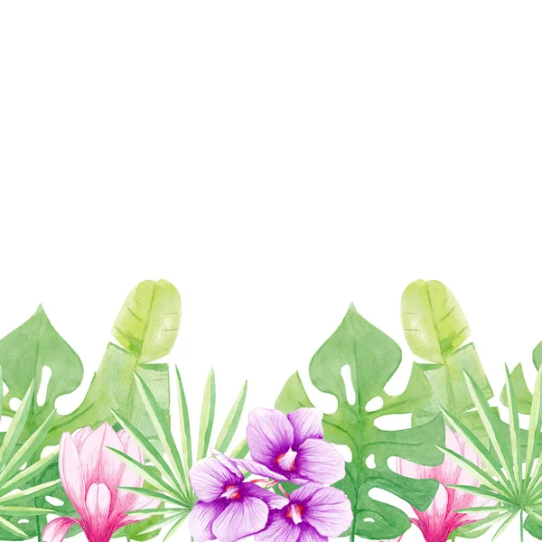 Acquerello senza soluzione di continuità modello orizzontale foglie tropicali, Orhidea e Magnolia. Illustrazione floreale Isolato su sfondo bianco. Disegnato a mano. Facile per la stampa di design, tessuto, inviti, carte, arte della parete . — Foto Stock