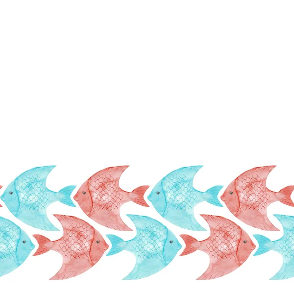 바다 색깔없는 수평 경계 패턴의 물고기들이 흰 배경에 고립되어 있습니다. 손으로 그린 신선 한 해양 삽화. 주방 디자인, 직물, 초대장, 카드, 벽 예술, 포장. — 스톡 사진
