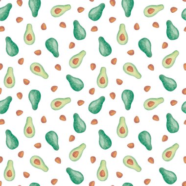 Sulu boya desenli avokado. Tamamı, yarısı, Ossicle. Beyaz arka planda izole edilmiş yaz taze illüstrasyonu. El çizimi. Vejetaryen için sağlıklı yemek. Mutfak, tekstil kumaşları, menü tasarımı.