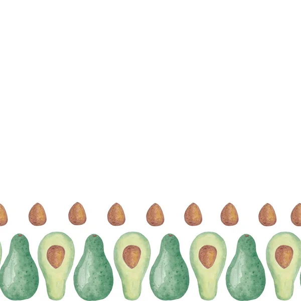 Акварель безшовний візерунок авокадо. Половина, Осик. Горизонтальна ілюстрація ізольована на білому тлі. Рука намальована. Здорова модна їжа для веганів. Дизайн для кухні, текстильних тканин, меню . — стокове фото