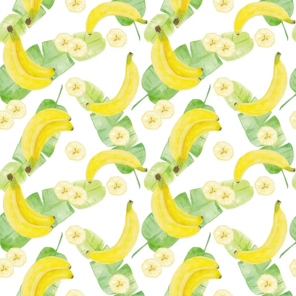 Acuarela de plátano patrón sin costura. Rebanada de plátano, hojas. Ilustración fresca de verano Aislada sobre fondo blanco. Mano dibujada. Comida saludable de moda para veganos. Diseño para cocina, telas textiles, menú . — Foto de Stock