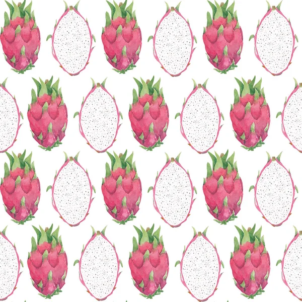 Aquarelle motif sans couture Pitaya. Fruit du Dragon entier, Half. Illustration tropicale Isolé sur fond blanc. Tiré à la main. Alimentation saine et tendance pour végétalien. Design pour cuisine, tissus, menu . — Photo