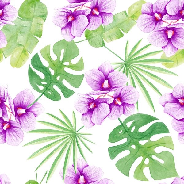 Wasserfarbe nahtlose Muster tropischen Blättern, Orhidea. Trendige Sommer florale Illustration. Vereinzelt auf weißem Hintergrund. Handgezeichnet. Einfach für Design, Druck, Stoff, Einladungen, Karten, Wandkunst. — Stockfoto