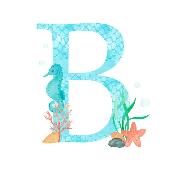Alfabeto inglés Letra B Monograma con acuarela de diseño marino caballito de mar algas de coral estrellas de mar. Aislado sobre fondo blanco Ilustración de pintura a mano. Fuente para tarjetas de felicitación de diseño y otros . —  Fotos de Stock