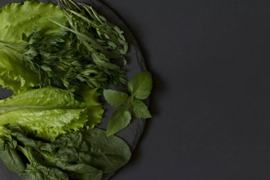 Kayrak bir siyah arka plan üzerine bir tabak taze yeşil. Üstten Görünüm.