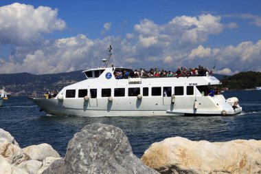 Portovenere (SP), Italy - April 15, 2017: A boat in Portovenere harbour, gulf of Poets, Cinque Terre, La Spezia, Liguria, Italy