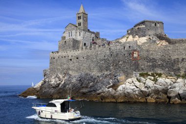 Portovenere ( SP ), Italy - April 15, 2017: San Pietro Church in Portovenere, gulf of Poets, Cinque Terre, La Spezia, Liguria, Italy
