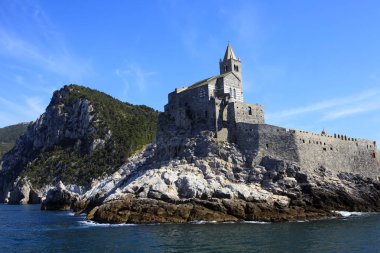 Portovenere ( SP ), Italy - April 15, 2017: San Pietro Church in Portovenere, gulf of Poets, Cinque Terre, La Spezia, Liguria, Italy
