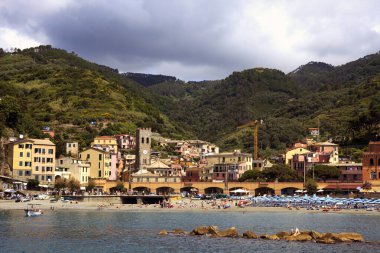 Monterosso ( SP ), Italy - April 15, 2017: Monterosso village view from a boat, gulf of Poets, Cinque Terre, La Spezia, Liguria, Italy
