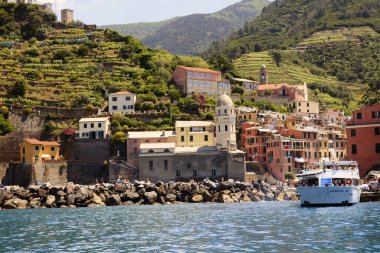 Vernazza ( SP ), Italy - April 15, 2017: Vernazza village view from a boat, gulf of Poets, Cinque Terre, La Spezia, Liguria, Italy