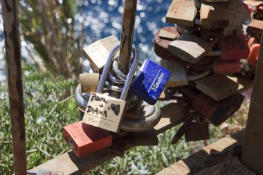 Riomaggiore ( SP ), Italy - April 15, 2017: Love lpadlocks at Riomaggiore, gulf of Poets, Cinque Terre, La Spezia, Liguria, Italy