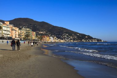 Alassio (SV), Italy - February 15, 2017: Alassio beach, Riviera dei Fiori, Savona, Liguria, Italy.