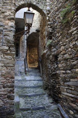 Triora (IM), Italy - February 15, 2017: A stone path and house in the witches village of Triora, Imperia, Liguria, Italy. 