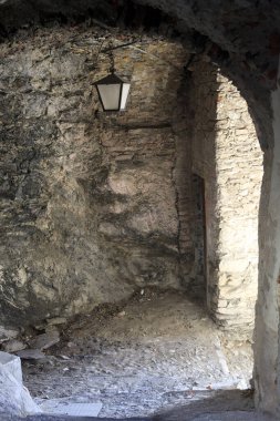 Triora (IM), Italy - February 15, 2017: Old houses details in The witches village of Triora, Imperia, Liguria, Italy. 