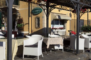 Alassio (SV), Italy - February 15, 2017: A typical bar near the beach in Alassio, Riviera dei Fiori, Savona, Liguria, Italy.