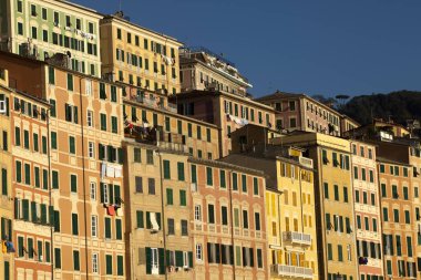 Camogli (GE), Italy - June 01, 2017: Colourful houses in the fishing village of Camogli, Gulf of Paradise, Portofino National Park, Genova, Liguria, Italy