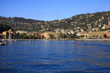 Santa Margherita Ligure (GE), Italy - June 01, 2017: Santa margherita Ligure village view from the boat sailing to Portofino, Genova, Liguria, Italy