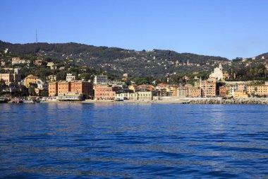 Santa Margherita Ligure (GE), Italy - June 01, 2017: Santa margherita Ligure village view from the boat sailing to Portofino, Genova, Liguria, Italy