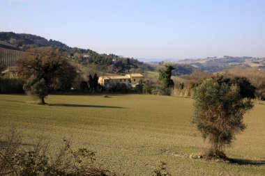 Ancona, İtalya - 1 Ocak 2019: Mezzavalle plajının arkasındaki tepeler, Riviera del Conero, Adriyatik Denizi, Ancona, Marche, İtalya 