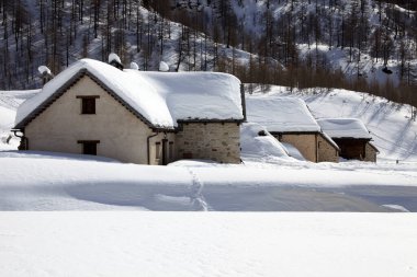 Devero Park ( Verbano-Cusio-Ossola ), Italy - January 15, 2017: Crampiolo village and houses in Alpe Devero Park, Ossola Valley, VCO, Piedmont, Italy