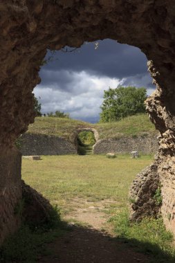 Roselle (GR), Italy - June 19, 2017: Etruscan ruins in archaeological site in Roselle, Grosseto, Tuscany, Italy, Europe