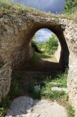 Roselle (GR), Italy - June 19, 2017: Etruscan ruins in archaeological site in Roselle, Grosseto, Tuscany, Italy, Europe