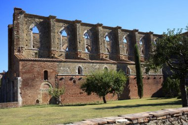 Chiusdino (SI), Italy - September 10, 2017: San Galgano Abbey facade view in Chiusdino village, Siena, Tuscany, Italy, Europe