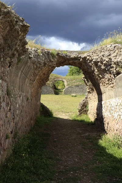 Roselle (GR), Italy - June 19, 2017: Etruscan ruins in archaeological site in Roselle, Grosseto, Tuscany, Italy, Europe