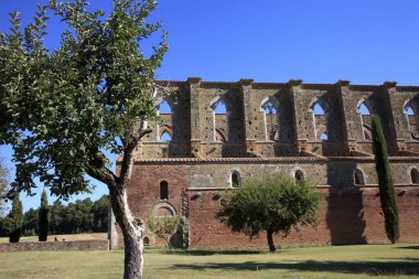 Chiusdino (SI), Italy - September 10, 2017: San Galgano Abbey facade view in Chiusdino village, Siena, Tuscany, Italy, Europe