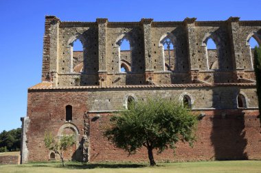 Chiusdino (SI), Italy - September 10, 2017: San Galgano Abbey facade view in Chiusdino village, Siena, Tuscany, Italy, Europe