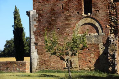 Chiusdino (SI), Italy - September 10, 2017: San Galgano Abbey facade view in Chiusdino village, Siena, Tuscany, Italy, Europe