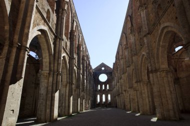 Chiusdino (SI), Italy - September 10, 2017: San Galgano Abbey inside view in Chiusdino village, Siena, Tuscany, Italy, Europe
