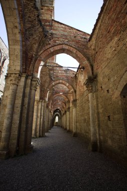 Chiusdino (SI), Italy - September 10, 2017: San Galgano Abbey inside view in Chiusdino village, Siena, Tuscany, Italy, Europe