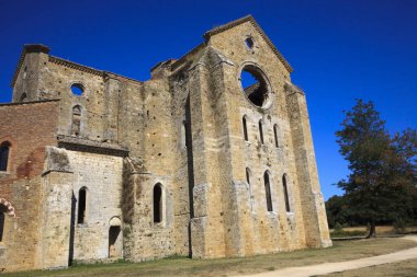 Chiusdino (SI), Italy - September 10, 2017: San Galgano Abbey facade view in Chiusdino village, Siena, Tuscany, Italy, Europe