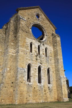 Chiusdino (SI), Italy - September 10, 2017: San Galgano Abbey facade view in Chiusdino village, Siena, Tuscany, Italy, Europe