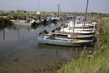 Mesola (FE),  Italy - April 30, 2017: Fish boats on Po river near Mesola, Delta Regional Park, Emilia Romagna, Italy