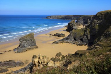 Bedruthan Steps (England), UK - August 13, 2015: Bedruthan Steps beach and coast, Cornwall, United Kingdom.