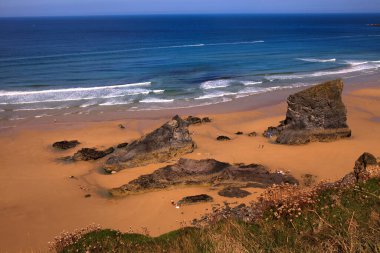 Bedruthan Steps (England), UK - August 13, 2015: Bedruthan Steps beach and coast, Cornwall, United Kingdom.