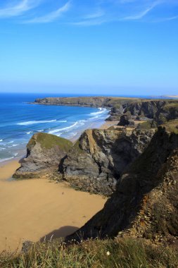 Bedruthan Steps (England), UK - August 13, 2015: Bedruthan Steps beach and coast, Cornwall, United Kingdom.